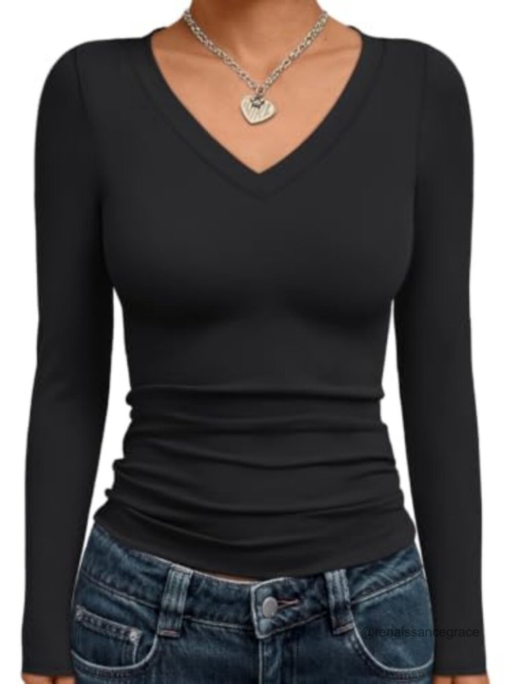 Women's Long Sleeve V Neck Crop Top Stretch Fitted Slim Fit Y2K Casual